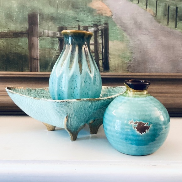 Source Unknown Other - Turquoise Ceramics Set Of 3 Mixed Pieces Vases Square Bowl Home Accents Decor